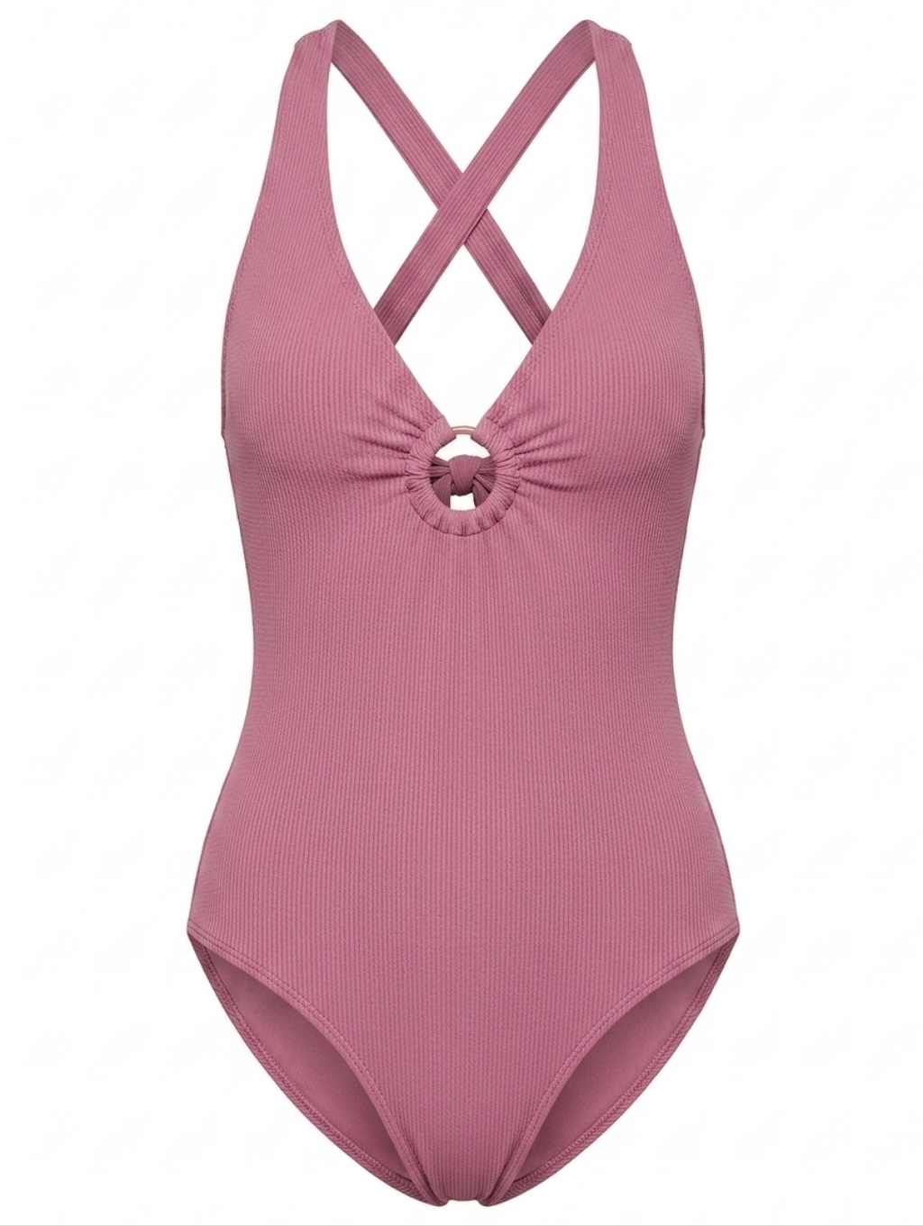 Shade & Shore Ribbed Plunged Ring Detail One Piece Swimsuit Bathing Suit Mauve L